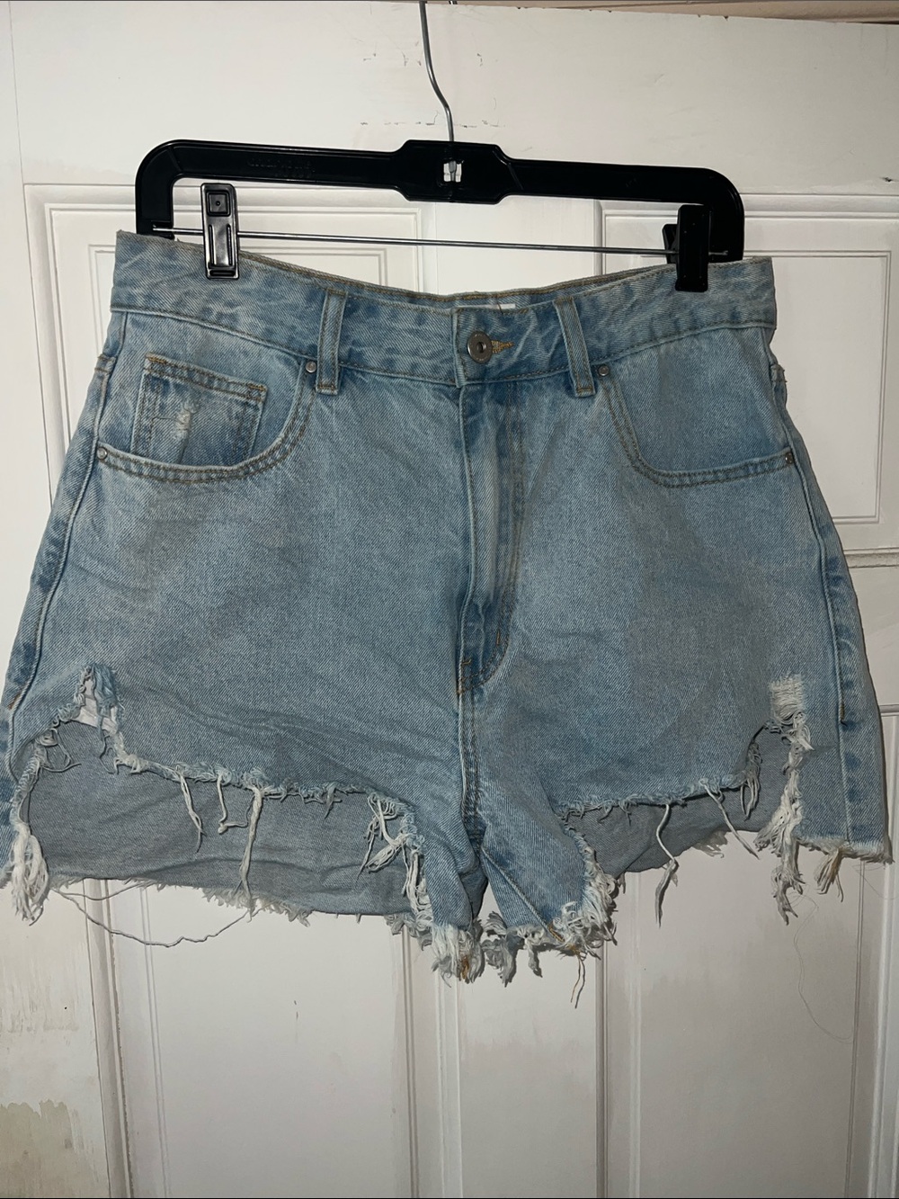 Light Blue High Rise Distressed Denim Shorts - Women